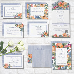 Invitación Boda de armazón floral de color azul y de color az