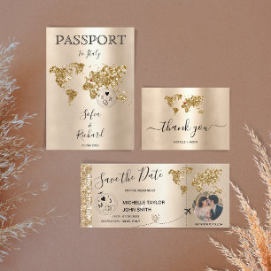 Invitación Boda Pasaporte de destino Gold World Map Blue I