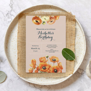 Invitación Con Relieve Metalizado Naranja Pink Garden Floral Birthday Party Rosa Gol