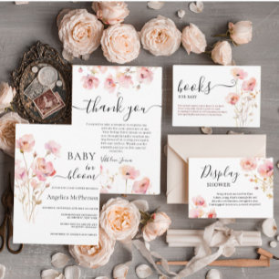 TARJETA DE RECEPCIÓN BOHO ELEGANT PINK RUBOR FLORES LIBROS PARA BEBÉ