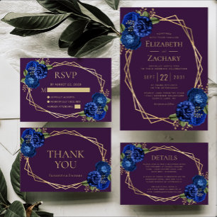 Tarjeta De Confirmación De Asistencia Detalles del Boda Geo de oro Purple Royal Blue Flo