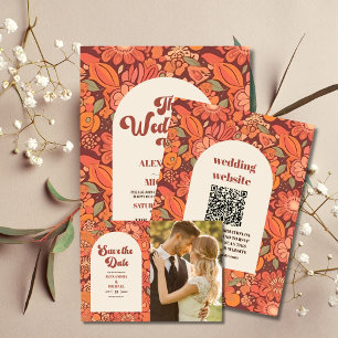 Invitación QR Código Arch Groovy Retro Boda Floral 70
