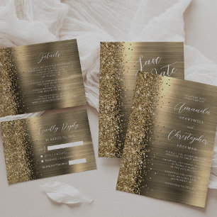 Invitación Boda de guiones de brillo de metal cepillado de or