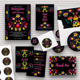Invitación Quinceanera Fiesta mexicana flor cumpleaños negro