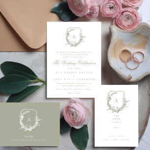 Invitación escudo de hoja clásica boda sage verde monograma