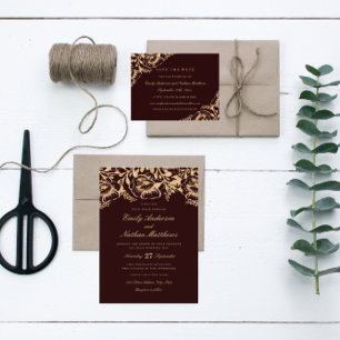 Invitación a la Boda Floral de Oro Vintage Burgund