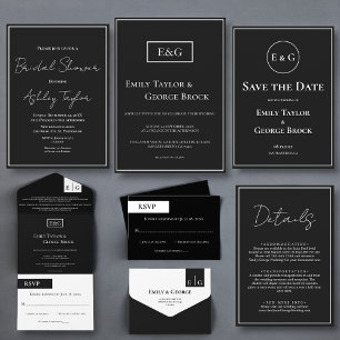 Invitación Todo En Uno Monograma Moderno Blanco Y Negro Elegante Boda