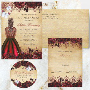 Pegatina Redonda Mariposa Rústica Floral Roja Vintage