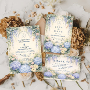 Tarjeta De Agradecimiento Boda de Hortensia Azul y Rosa Marfil