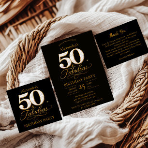 Tarjeta De Agradecimiento Lujo Oro Negro 50 & Cumpleaños Fabuloso
