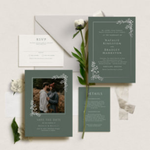 Invitación Con Relieve Metalizado Hamilton Silver Greenery Wedding Save the Date