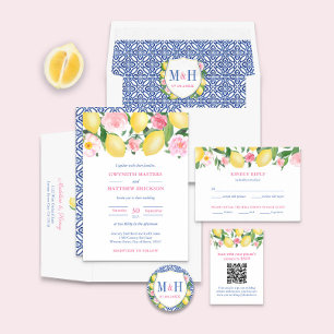 Pegatina Cuadrada Boda rosa Positano Lemons Blue Tiles Monograma