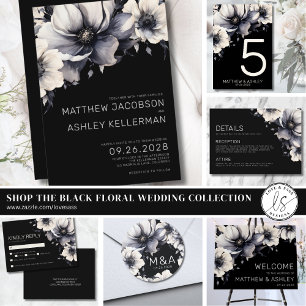 Tarjeta De Agradecimiento Elegante y elegante Boda floral negro