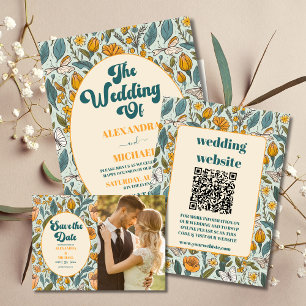 Invitación Todo En Uno Código QR Boho Moda Boda floral retro colorido