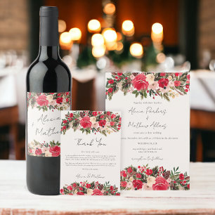 Etiqueta Para Botella De Vino Boda floral de invierno verde rojo