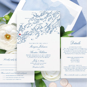 Invitación Todo En Uno Portland Maine Elegy Navy Boda de presupuesto QR