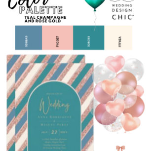 Invitación Todo En Uno Paleta de colores Verde azulado Champagne Rosa Gol