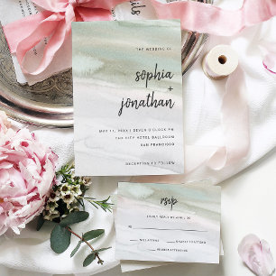Invitación Elegante color de agua verde sabio y gris   BODA