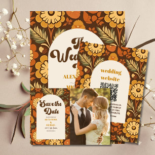 Invitación Arco de códigos QR Boda floral moderno retro 70