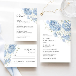 Invitación Boda elegante floral blanco azul polvoriento