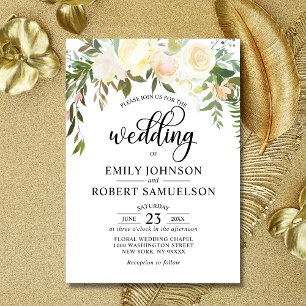 Invitación Watercolor Floral Crema Rosa Boda de Marfil