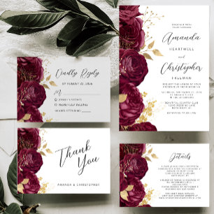 Tarjeta Borgoña Boda de guiones florales de oro
