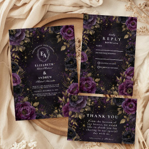 Tarjeta De Agradecimiento Boda Gótica de la Galaxia de Medianoche Púrpura