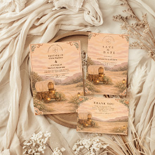 Invitación Boda de pradera con vagón cubierto vintage