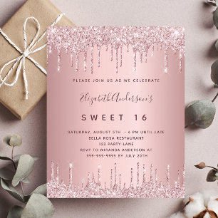 Postal De Invitación Dulce 16 gotes rosados de oro rosa
