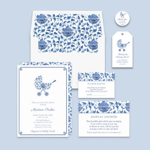 Tarjeta De Recepción Diaper Raffle Blue Chinoiserie Baby Shower