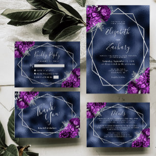 Invitación Boda floral de Relieve metalizado de marina morado
