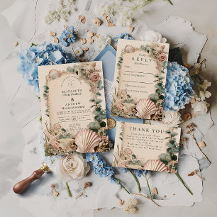Invitación Boda Romántica Vintage Costera con Conchas