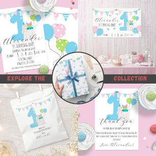 Invitación Perro lindo junto al primer cumpleaños azul