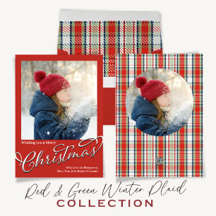 Tarjeta Festiva Merry Christmas Classic Calligraphy Red Plaid