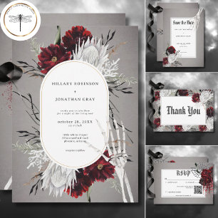 Tarjeta De Agradecimiento Amor y huesos Boda rojo floral espeluznante