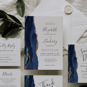 Invitación Moderno Agate Azul Marino Oro Foto Guardar la Fech