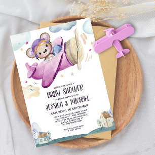 Invitación Chica Teddy Bear Airplane Baby Shower