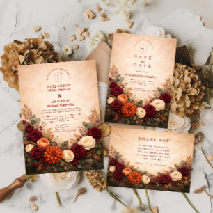 Tarjeta De Agradecimiento Boda Romántica de Floral de Otoño