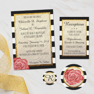 Pegatina Redonda Monograma moderno Faux Gold Black Stripe