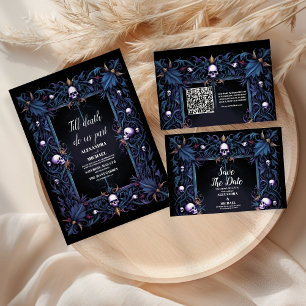 Tarjeta De Recepción QR Code Floral Gothic Boda de Halloween