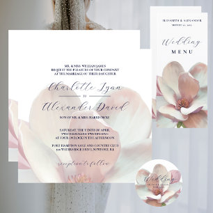 Tarjeta De Agradecimiento Magnolia elegante Boda blanco y rosa suave