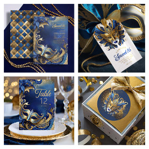 Invitación Dulce Dieciséis mascaradas Blue Gold ID1032