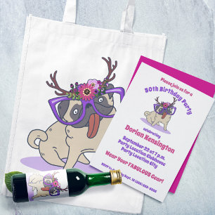 Invitación Cute Girly Boho Floral Pug Gafas Purple Cumpleaños