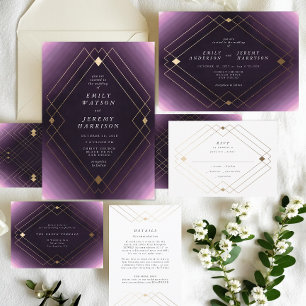 Invitación Boda Gatsby de Decoro Geométrico Púrpura Oro Diama
