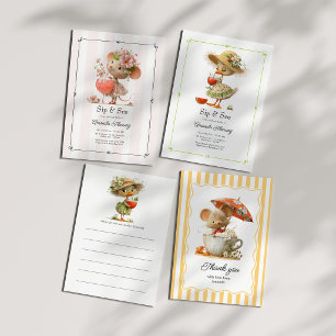 Invitación Cottagecore Sip & See Fiesta de Bebé con Ratón Flo