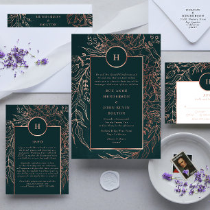 Invitación Rosa esmeralda monograma de oro Boda de guirnaldas