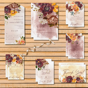 Invitación Boho Marsala Clay & Yellow Bouquet Boda