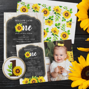 Chapa Redonda De 2,5 Cm Sunflower & Gold ONE Baby Girl Primer Fiesta de cu
