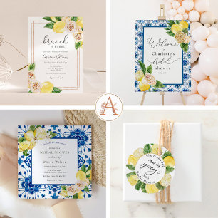 Invitación Lemon principal y ducha de novias en mosaico marro
