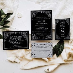 Invitación Boda del Deco de Plata Vintage y Arte Negro